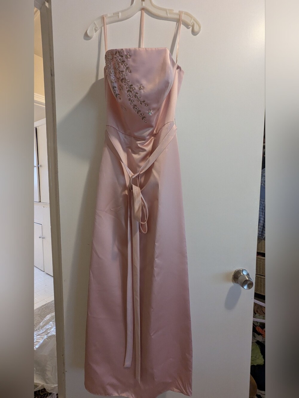 Y2K Pink Satin Spaghetti-Strap Evening Dress with Embellished Bodice